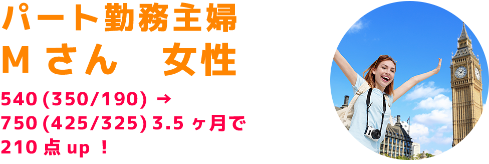パート勤務主婦Mさん 女性540 (350/190) → 750 (425/325) 3.5ヶ月で210点up!